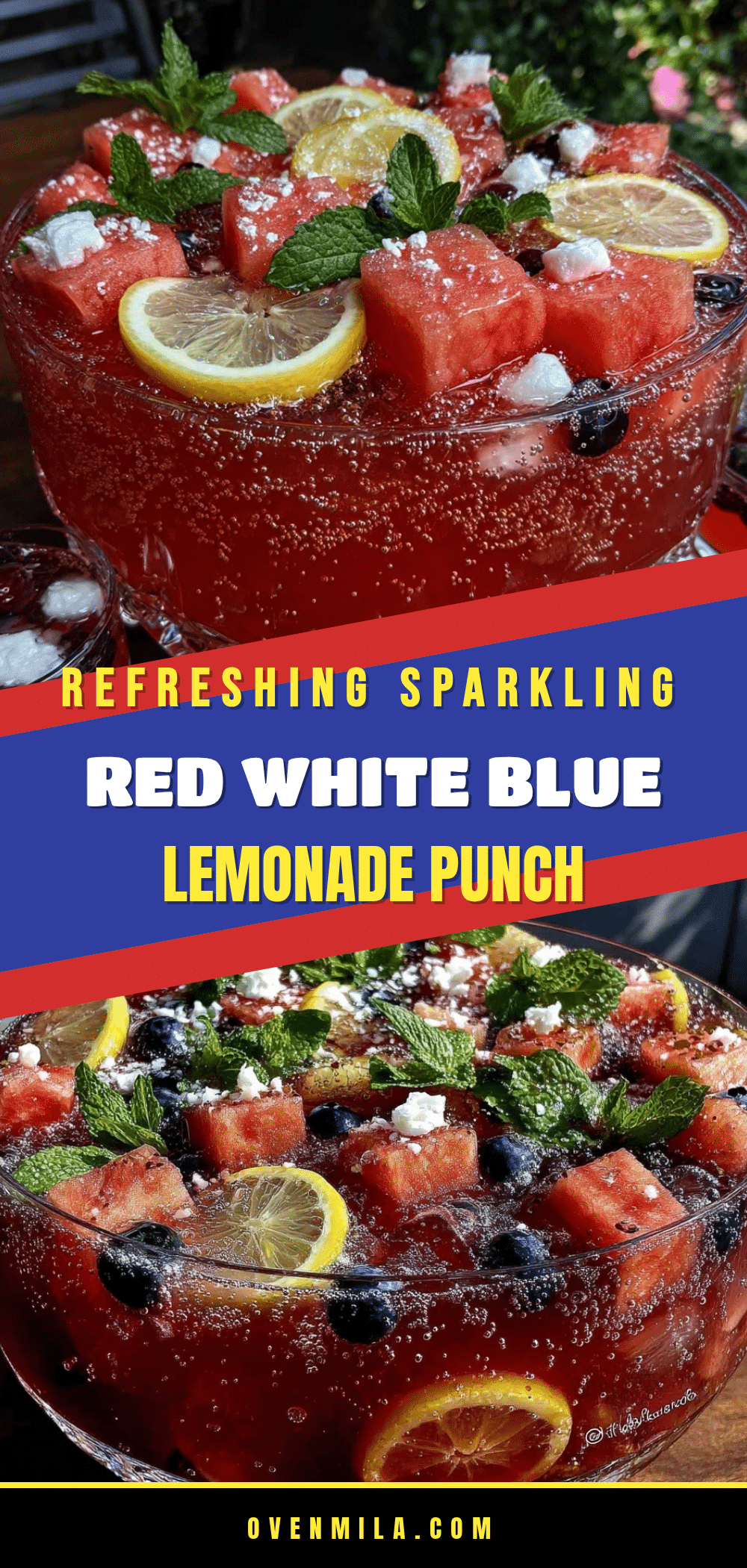 fresh sparkling red white and blue watermelon lemonade punch recipe