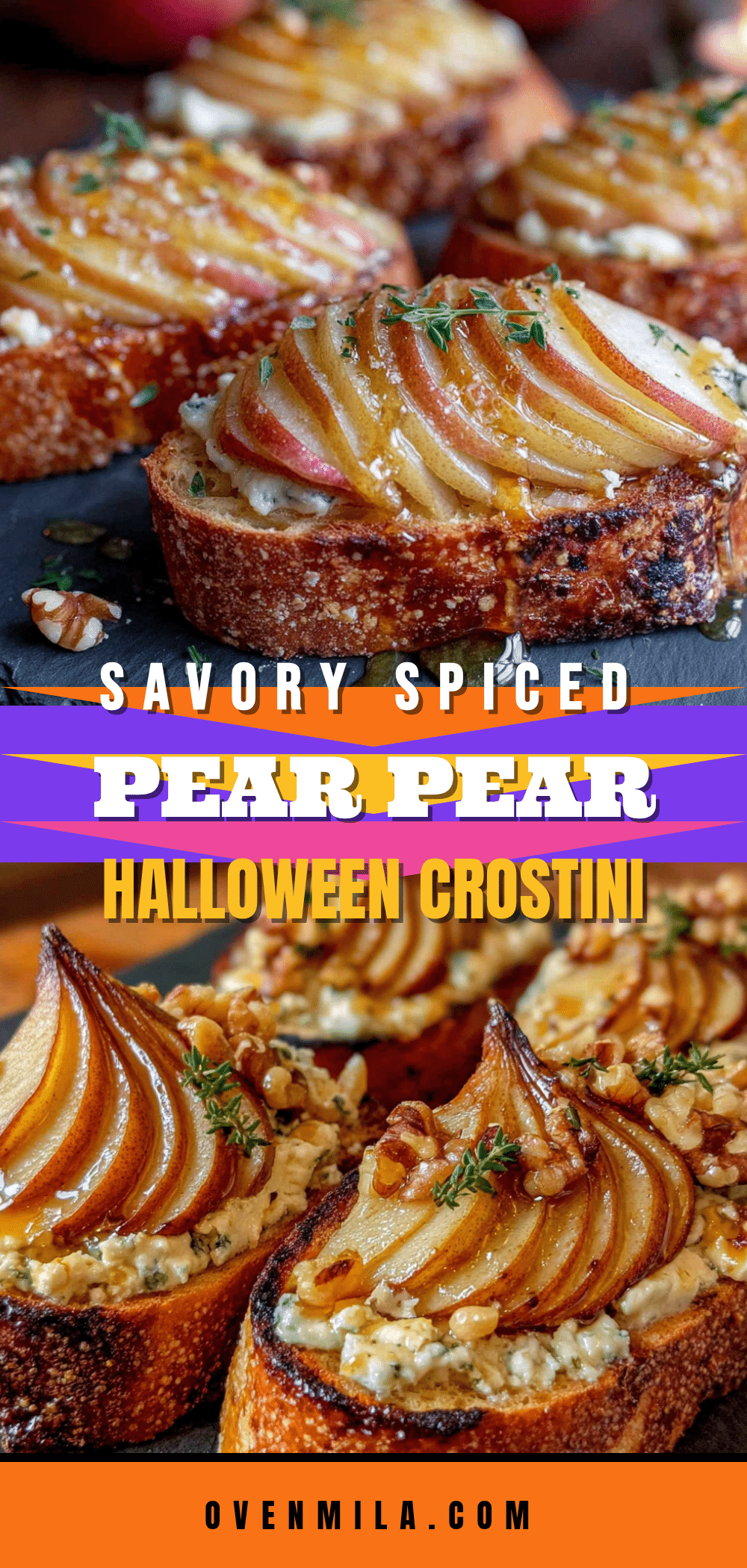 Easy Spiced Pear & Gorgonzola Halloween Crostini recipe